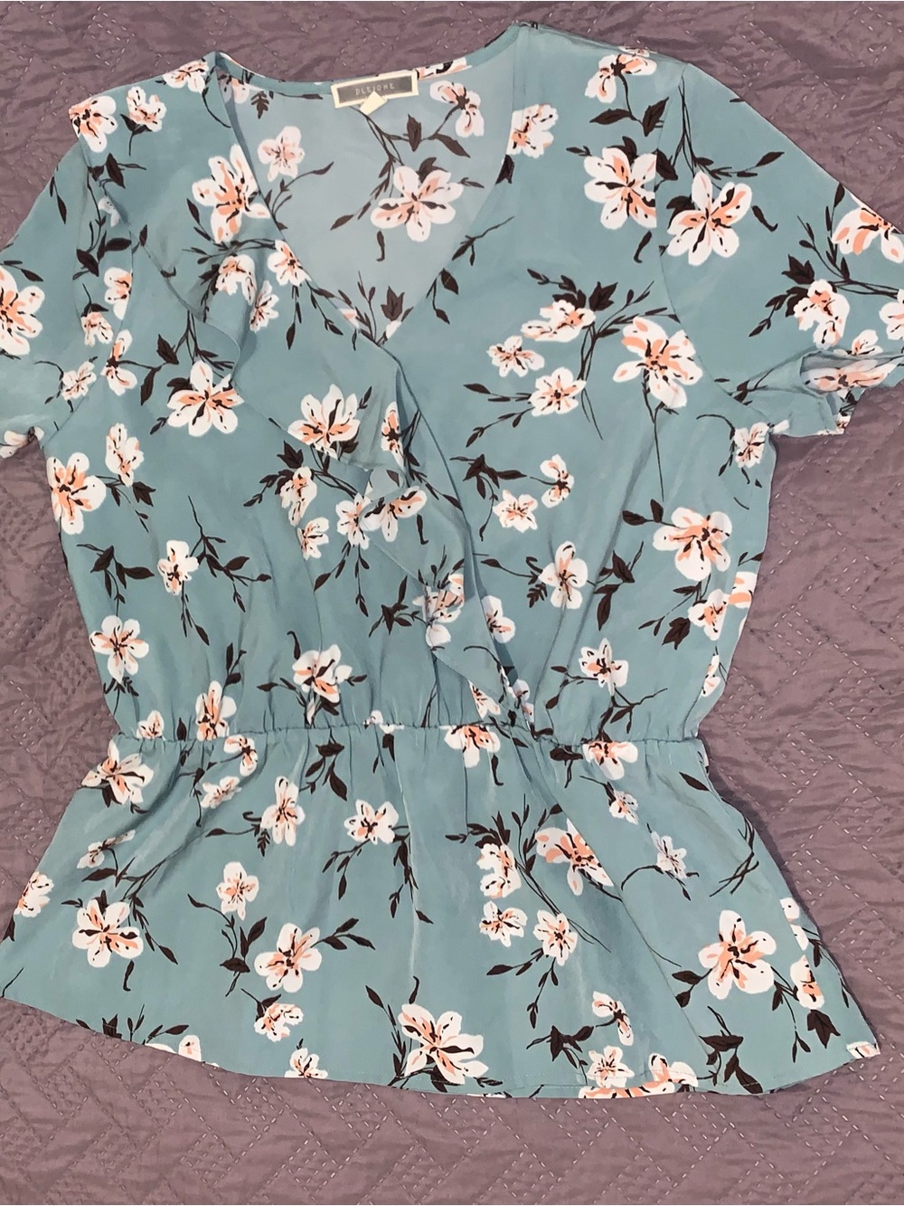 Pleione Teal Floral Wrap Peplum Blouse